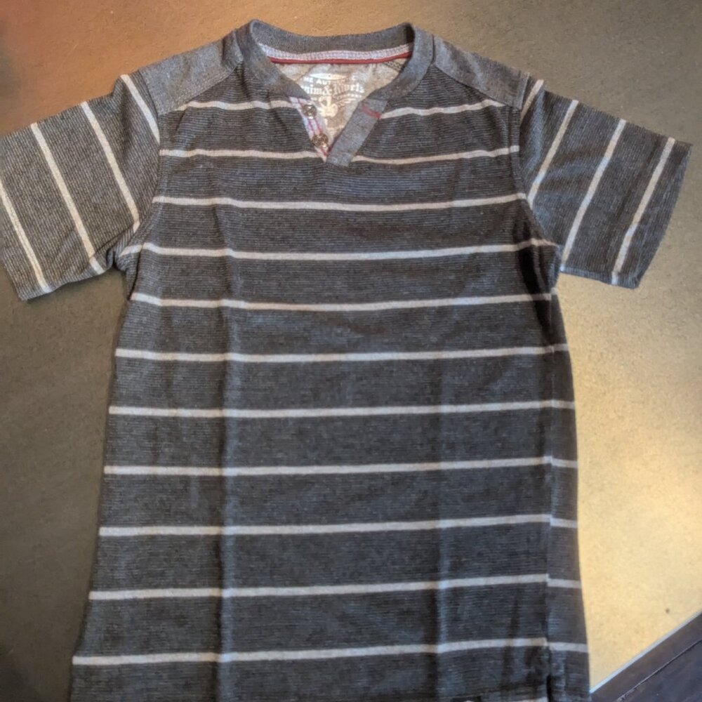 Gray Collarless Polo Subtle Stripes